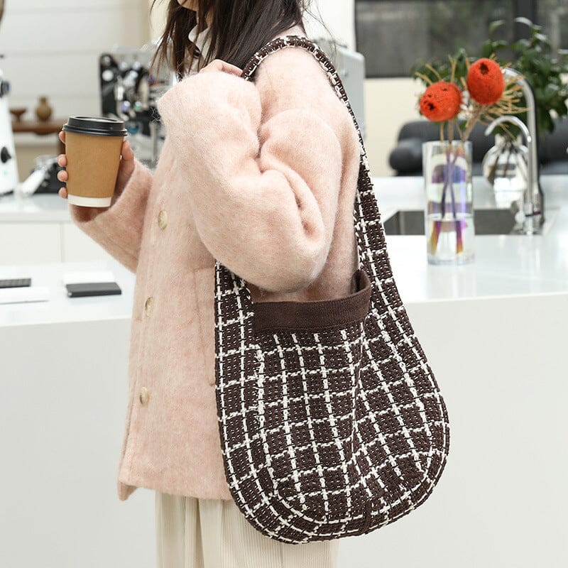 Women Fashion Plaid Knitted Canvas Shoulder Bag