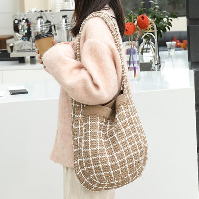 Women Fashion Plaid Knitted Canvas Shoulder Bag