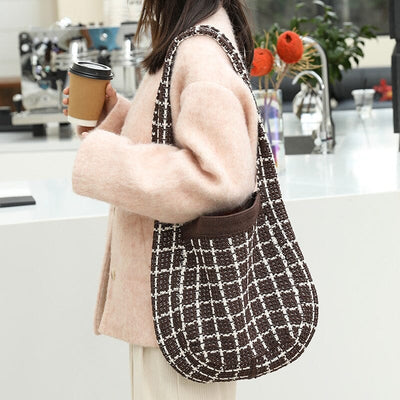 Women Fashion Plaid Knitted Canvas Shoulder Bag