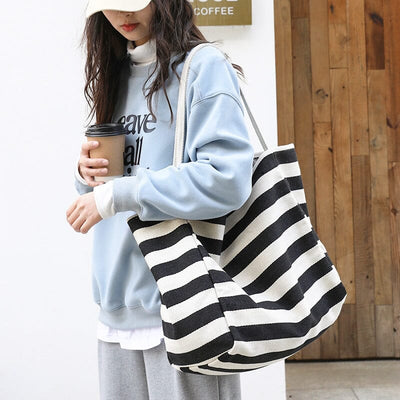 Women Fashion Stripe Casual Canvas Shoulder Bag