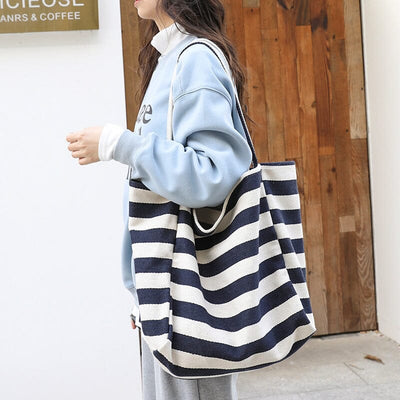 Women Fashion Stripe Casual Canvas Shoulder Bag