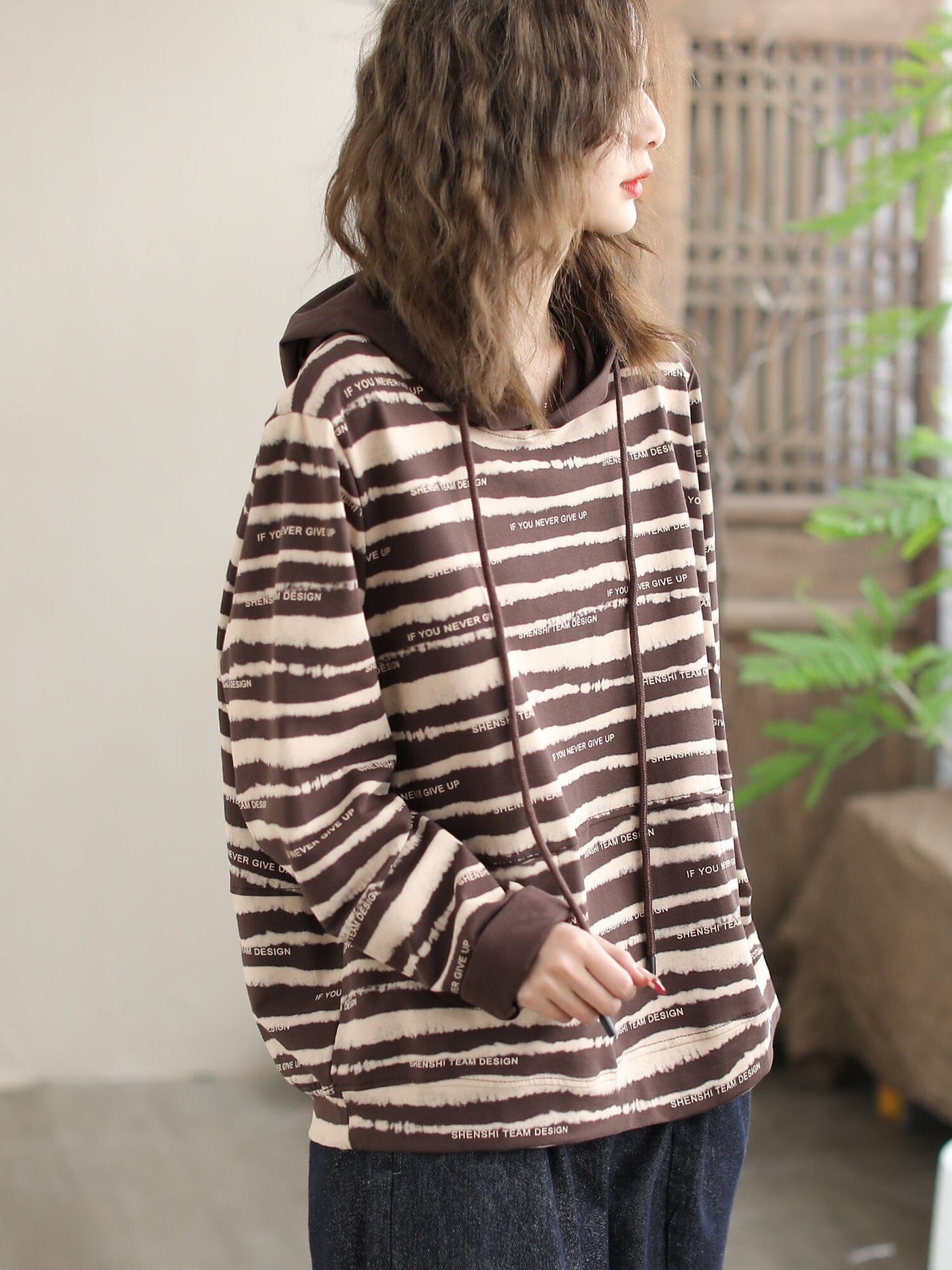 Women Fashion Stripe Cotton Casual Hoodie