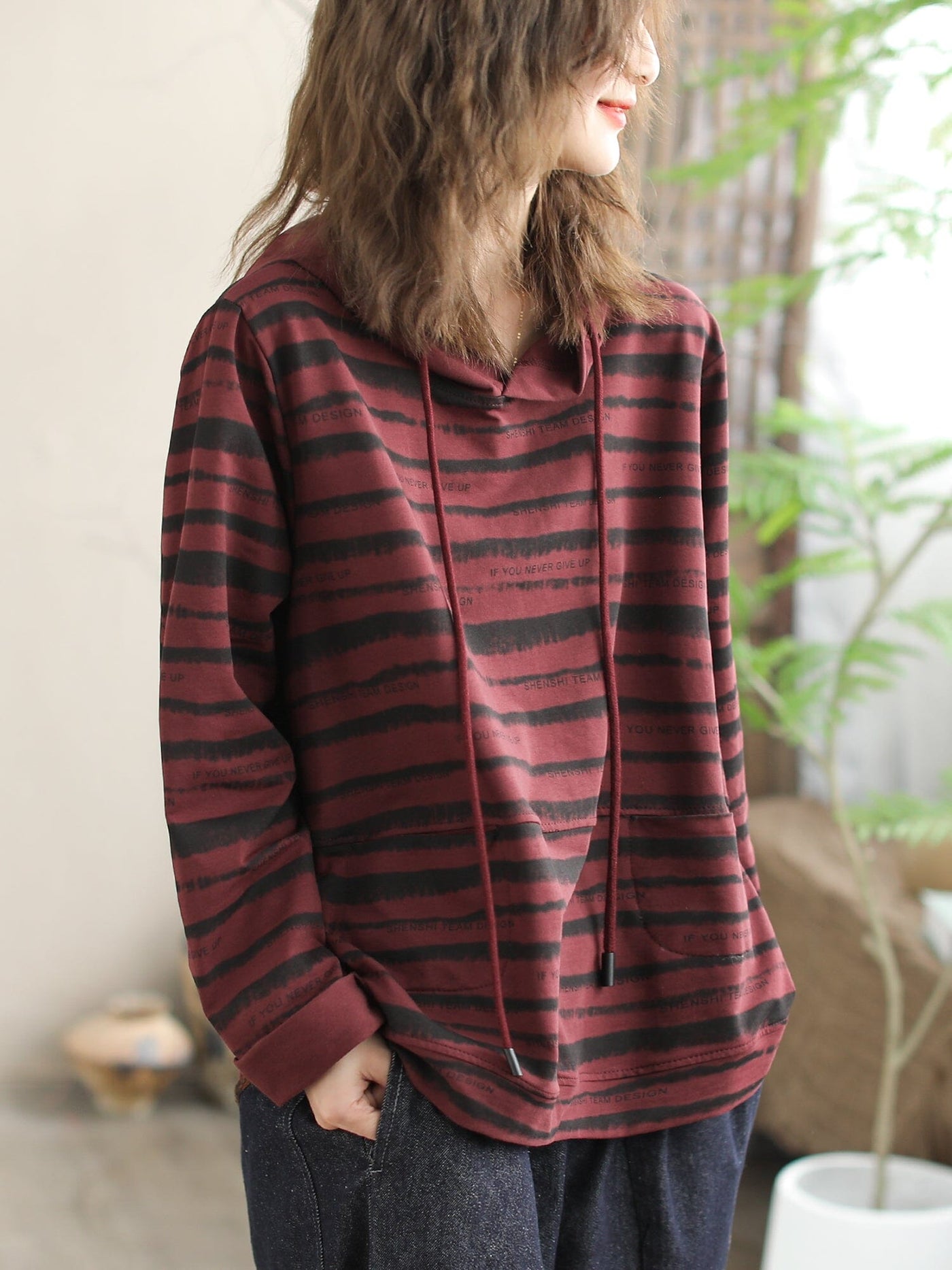 Women Fashion Stripe Cotton Casual Hoodie Jan 2024 New Arrival Red One Size 