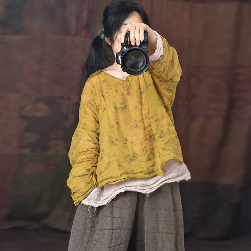 Women Floral Loose Linen Casual Blouse