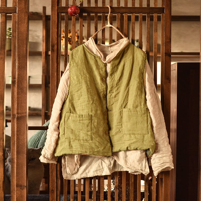 Women Linen Loose Solid Quilted Waistcoat Jan 2024 New Arrival 