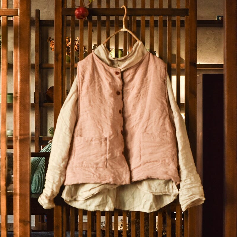 Women Linen Loose Solid Quilted Waistcoat