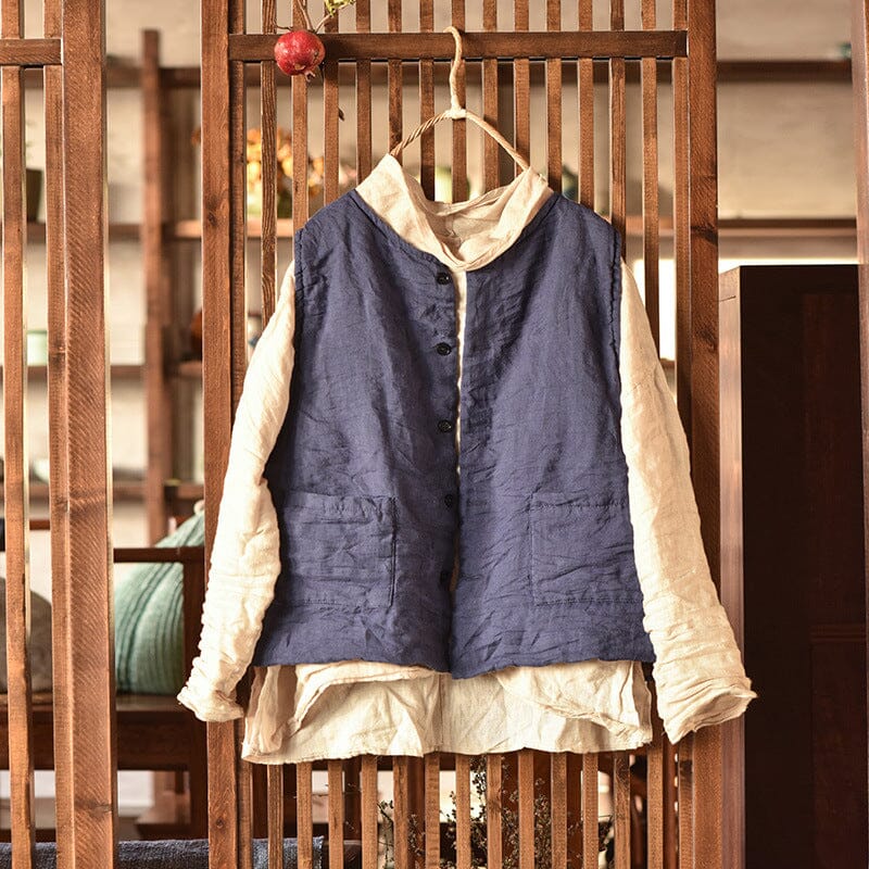 Women Linen Loose Solid Quilted Waistcoat Jan 2024 New Arrival Blue One Size 