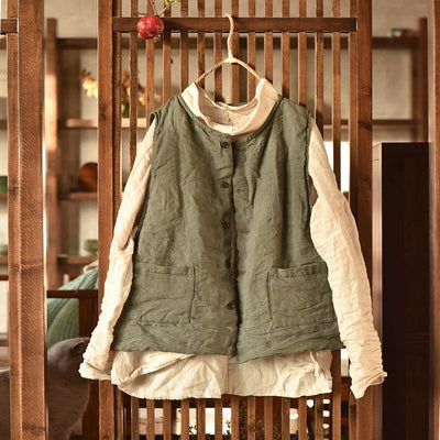 Women Linen Loose Solid Quilted Waistcoat Jan 2024 New Arrival Gray One Size 