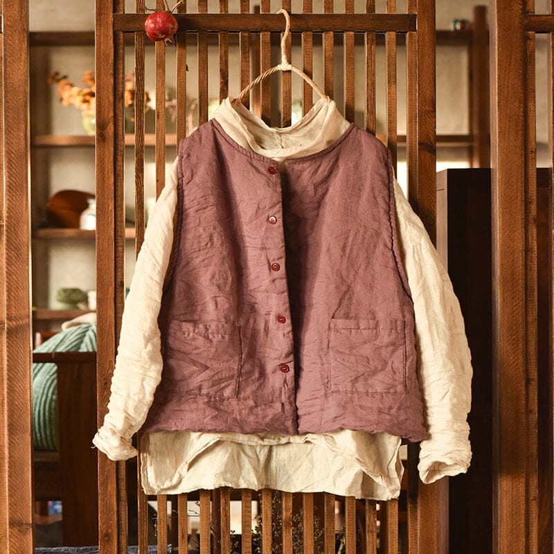 Women Linen Loose Solid Quilted Waistcoat Jan 2024 New Arrival Purple One Size 