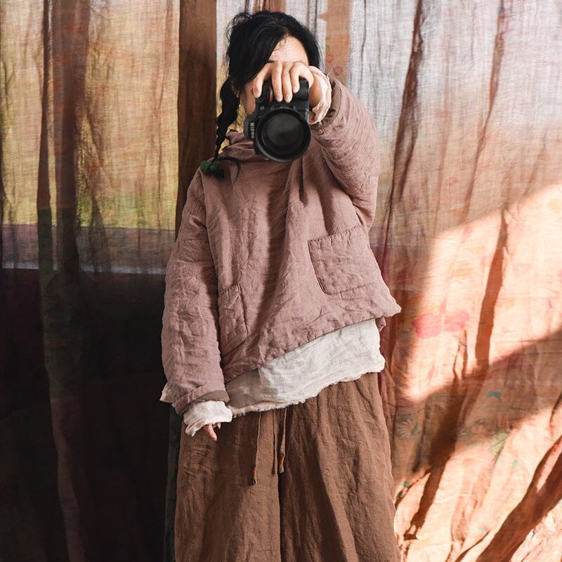 Women Linen Minimalist Loose Quilted Pullover Coat
