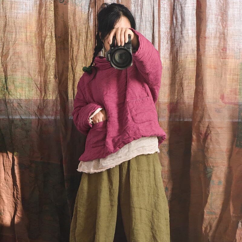 Women Linen Minimalist Loose Quilted Pullover Coat
