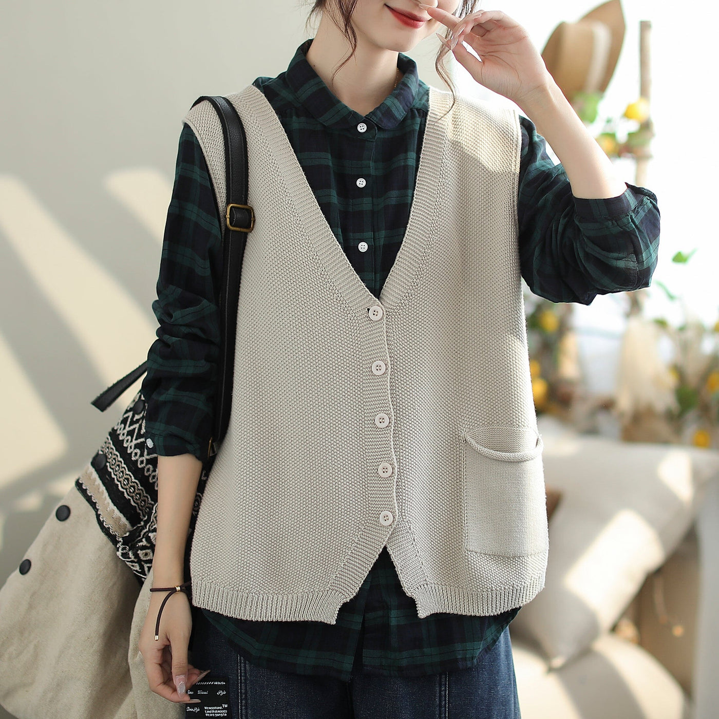 Women Minimalist Autumn Casual Loose Knitted Waistcoat Oct 2023 New Arrival One Size Beige 