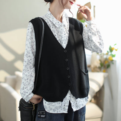 Women Minimalist Autumn Casual Loose Knitted Waistcoat Oct 2023 New Arrival One Size Black 
