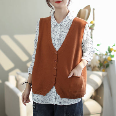 Women Minimalist Autumn Casual Loose Knitted Waistcoat Oct 2023 New Arrival One Size Caramel 