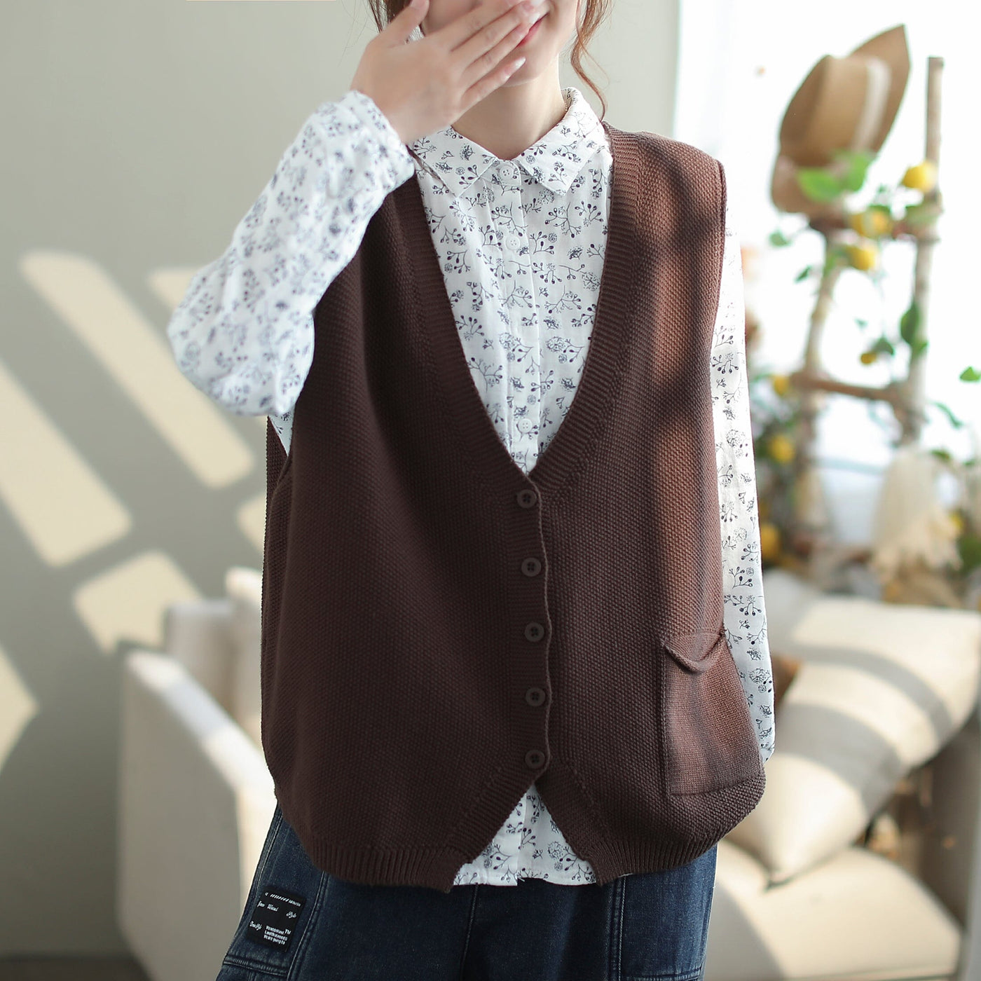 Women Minimalist Autumn Casual Loose Knitted Waistcoat Oct 2023 New Arrival One Size Coffee 