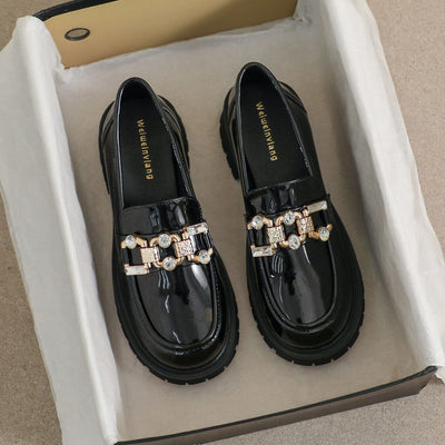 Women Minimalist Fashion Glossy Leather Thick Soled Loafers Jan 2024 New Arrival 35 Black 