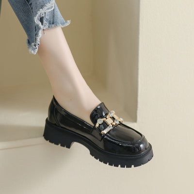 Women Minimalist Fashion Glossy Leather Thick Soled Loafers Jan 2024 New Arrival 