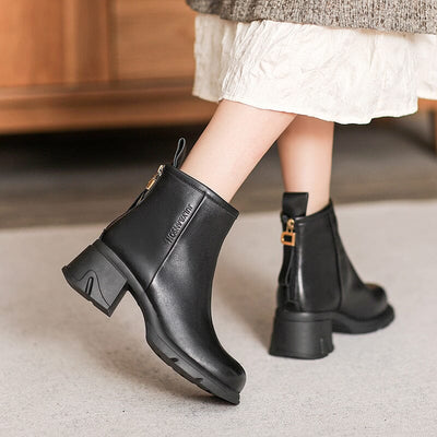 Women Minimalist Leather Chunky Heel Ankle Boots