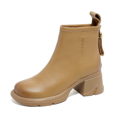 Women Minimalist Leather Chunky Heel Ankle Boots Oct 2023 New Arrival Khaki 35 