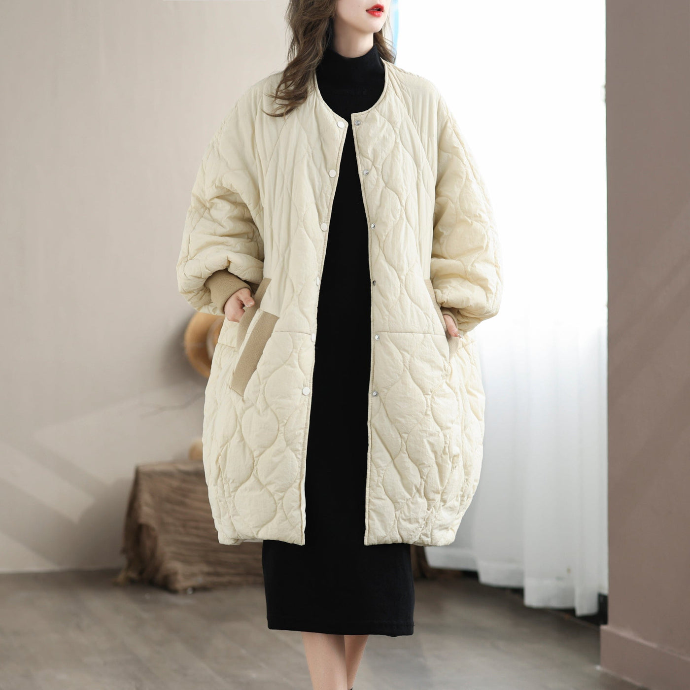Women Minimalist Loose Casual Quilted Cotton Overcoat
