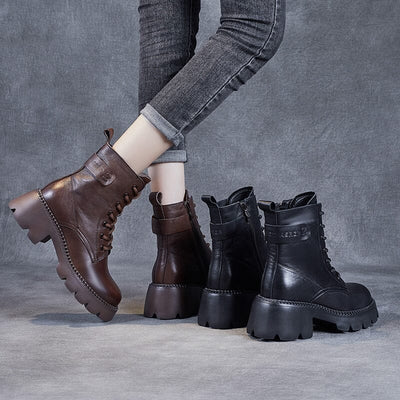 Women Minimalist Retro Cowhide Chunky Platform Boots