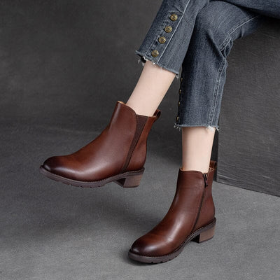 Women Minimalist Retro Leather Chunky Soled Boots