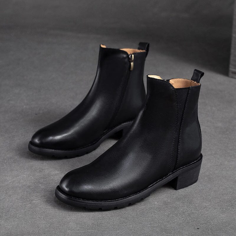 Women Minimalist Retro Leather Chunky Soled Boots