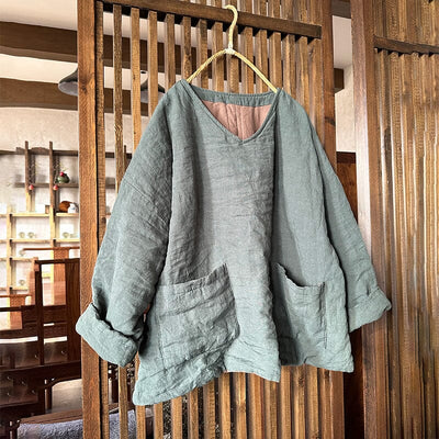 Women Minimalist Retro Linen Quilted Loose Coat