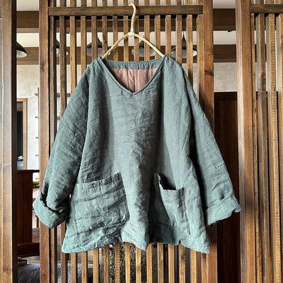 Women Minimalist Retro Linen Quilted Loose Coat