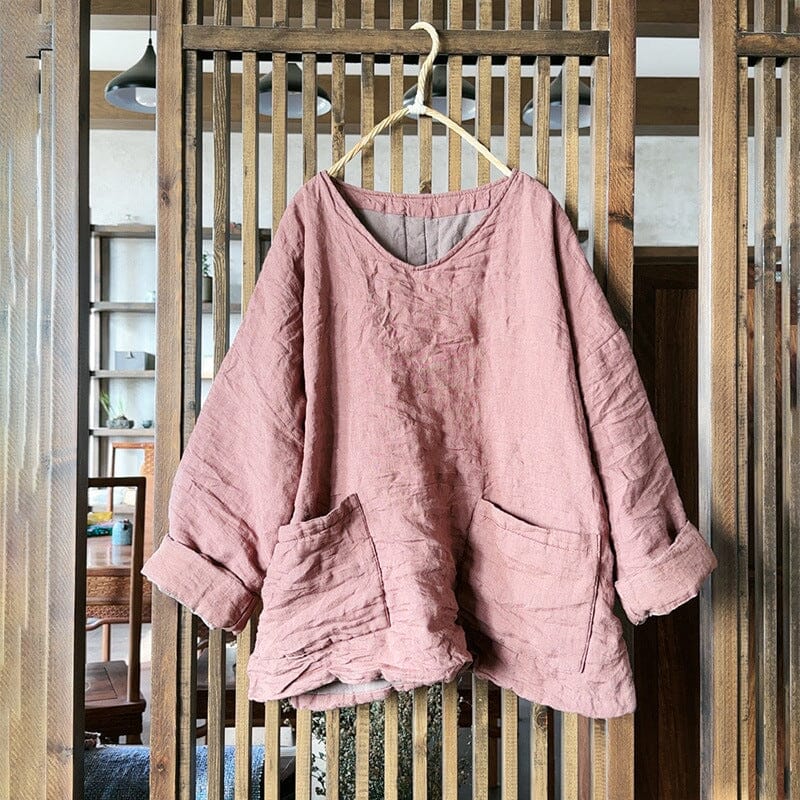 Women Minimalist Retro Linen Quilted Loose Coat