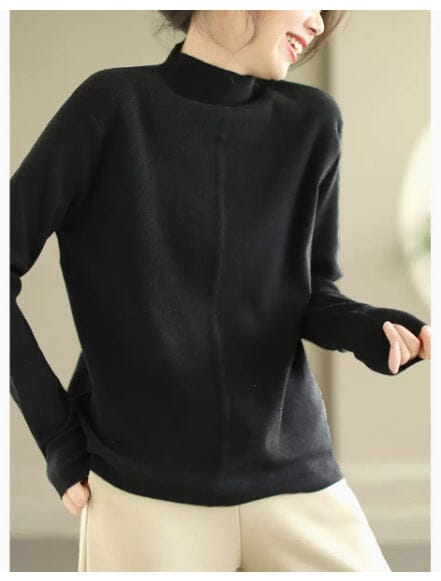 Women Minimalist Solid Loose Knitted Shirt Jan 2024 New Arrival Black One Size 