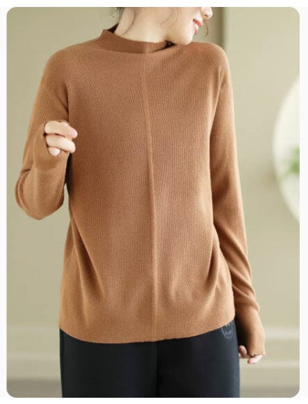 Women Minimalist Solid Loose Knitted Shirt Jan 2024 New Arrival Caramel One Size 
