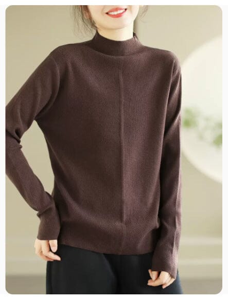 Women Minimalist Solid Loose Knitted Shirt Jan 2024 New Arrival Coffee One Size 