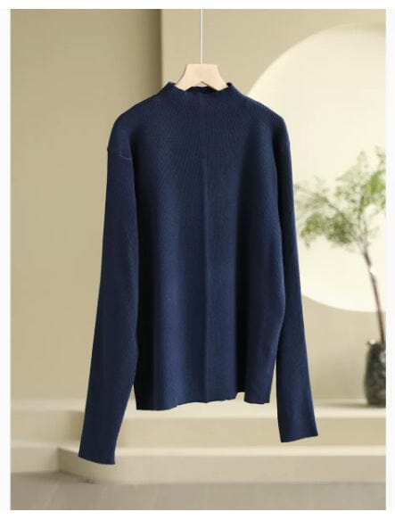 Women Minimalist Solid Loose Knitted Shirt Jan 2024 New Arrival Navy One Size 