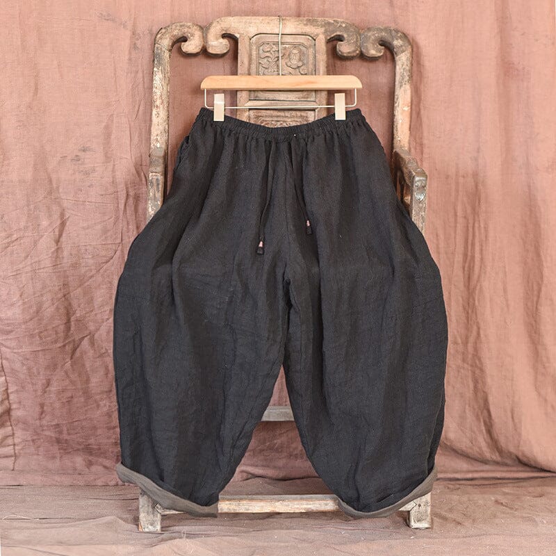 Women Plus Size Retro Loose Casual Linen Pants Jan 2024 New Arrival Black One Size 