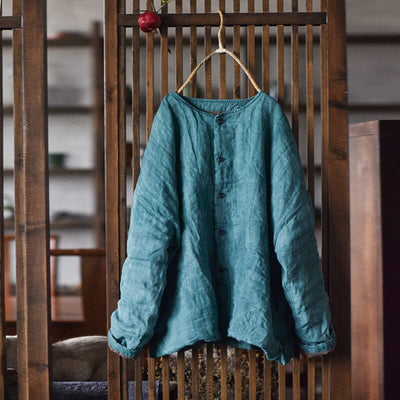 Women Retro Casual Loose Linen Quilted Coat Jan 2024 New Arrival Green One Size 