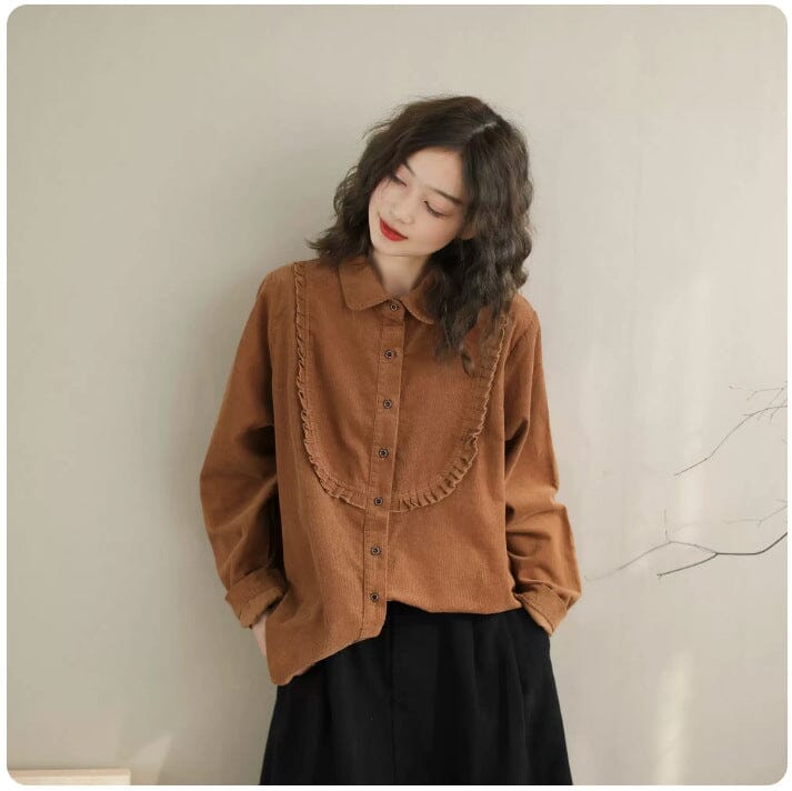 Women Retro Casual Loose Solid Blouse Jan 2024 New Arrival Camel One Size 