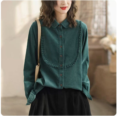 Women Retro Casual Loose Solid Blouse Jan 2024 New Arrival Green One Size 
