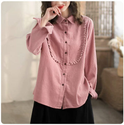 Women Retro Casual Loose Solid Blouse Jan 2024 New Arrival Pink One Size 