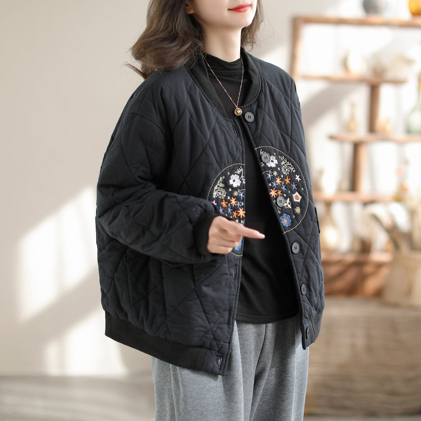 Women Retro Casual Loose Winter Quilted Coat