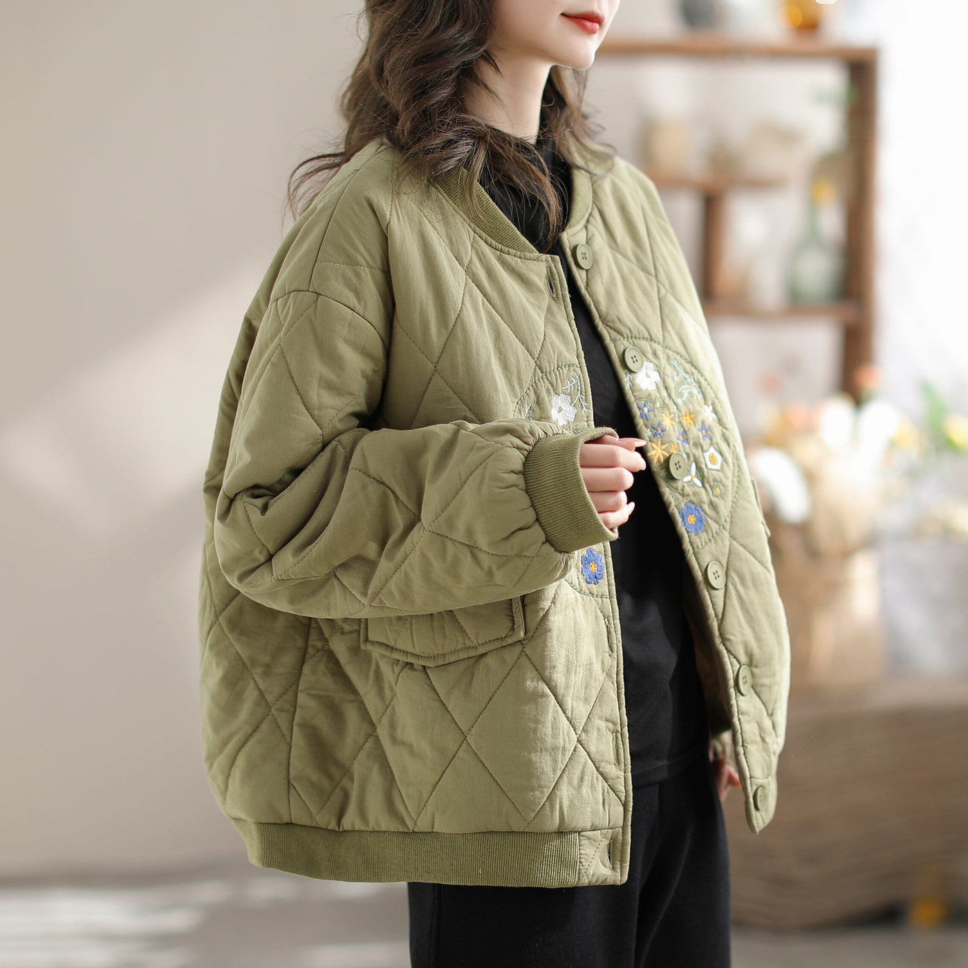 Women Retro Casual Loose Winter Quilted Coat Dec 2023 New Arrival One Size Green 