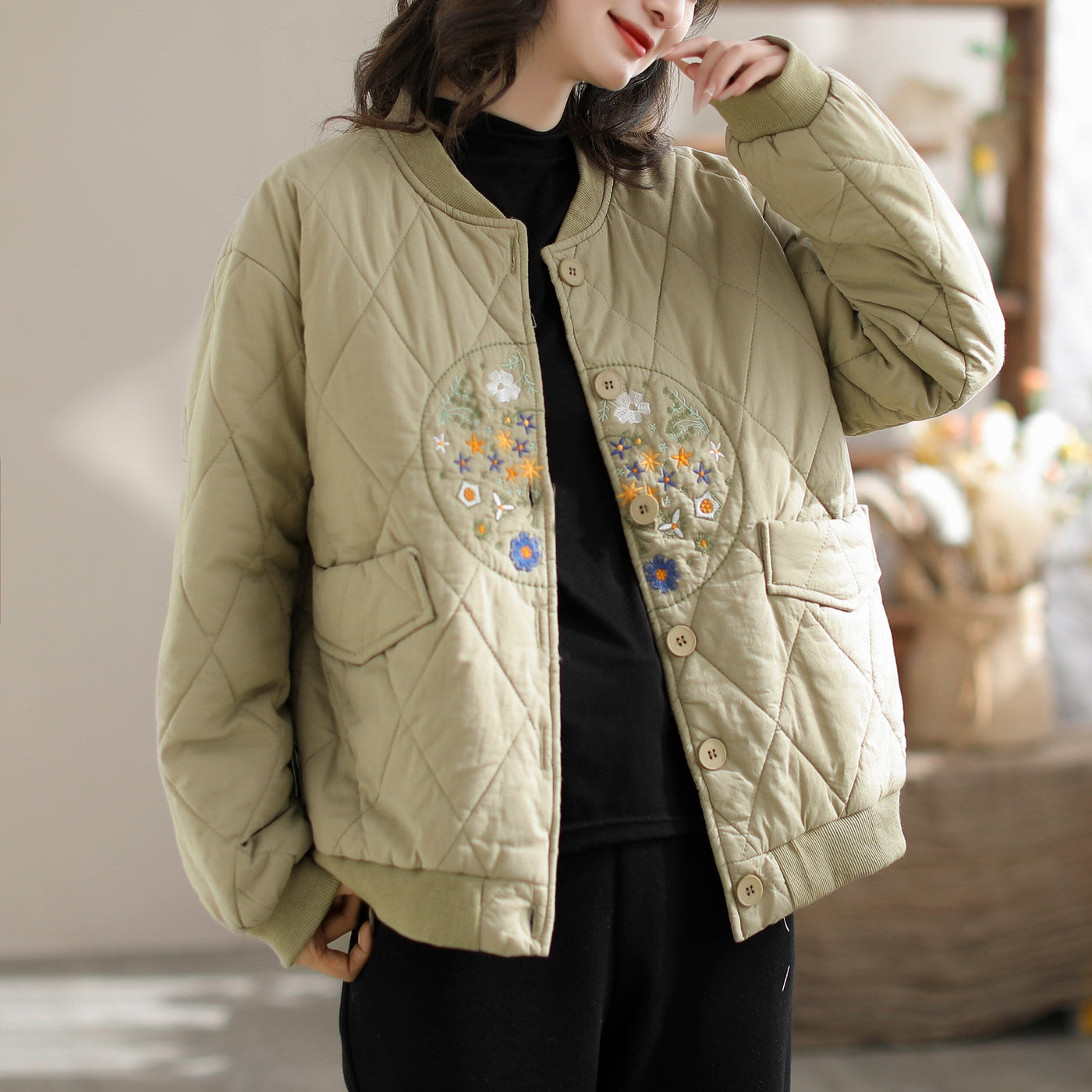 Women Retro Casual Loose Winter Quilted Coat