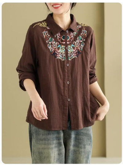 Women Retro Embroidery Spring Casual Loose Blouse