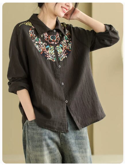 Women Retro Embroidery Spring Casual Loose Blouse