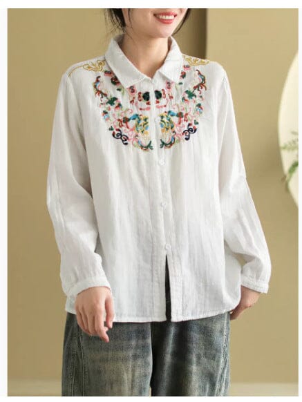 Women Retro Embroidery Spring Casual Loose Blouse Jan 2024 New Arrival White One Size 