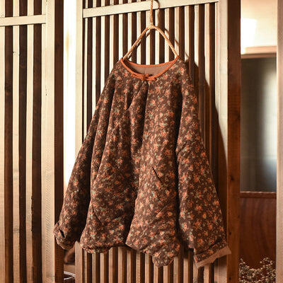 Women Retro Floral Cotton Linen Quilted Coat Dec 2023 New Arrival Brown One Size 
