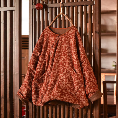Women Retro Floral Cotton Linen Quilted Coat Dec 2023 New Arrival Red One Size 