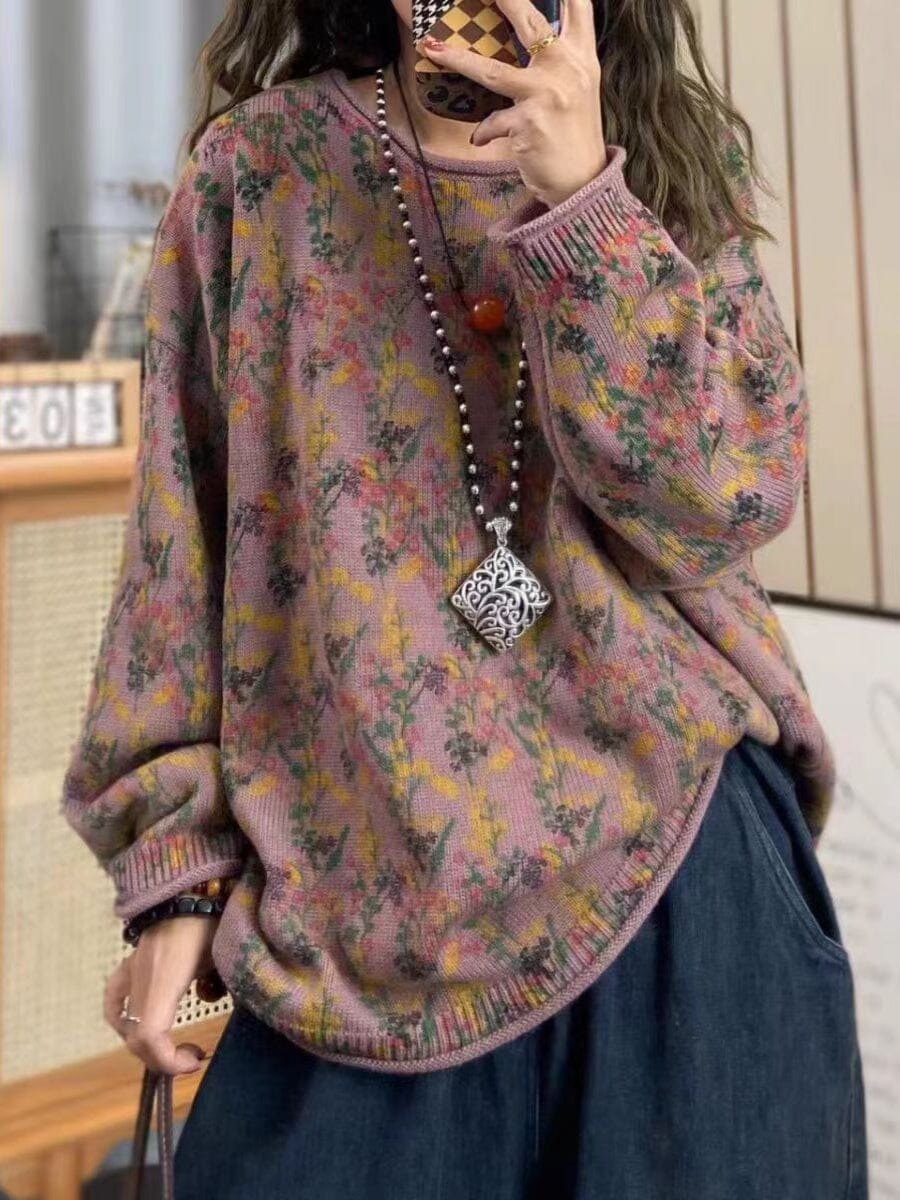 Women Retro Floral Knitted Loose Cardigan