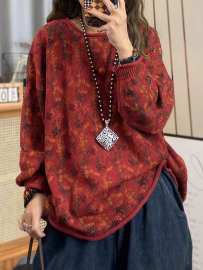 Women Retro Floral Knitted Loose Cardigan