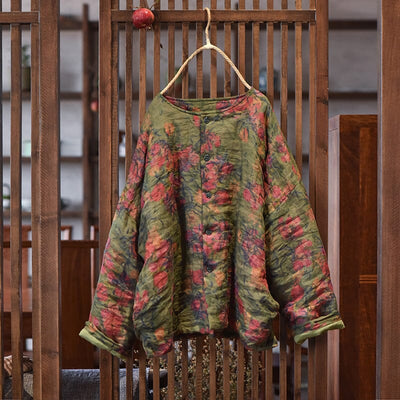 Women Retro Floral Pleated Loose Linen Quilted Coat